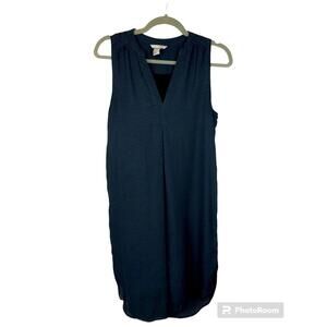 H&M Dress Small Stand Up Collar Sleeveless V Neck Lined Shirt Tail Hem NavyBlack